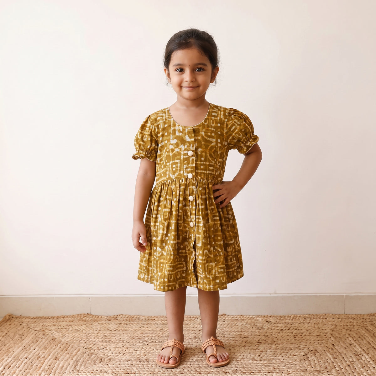 Green - pure cotton girls frock dress in batik block prints