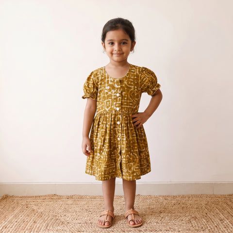 Green - Pure Cotton Girls Frock Dress in Batik Block Prints (3-4 Years) 65