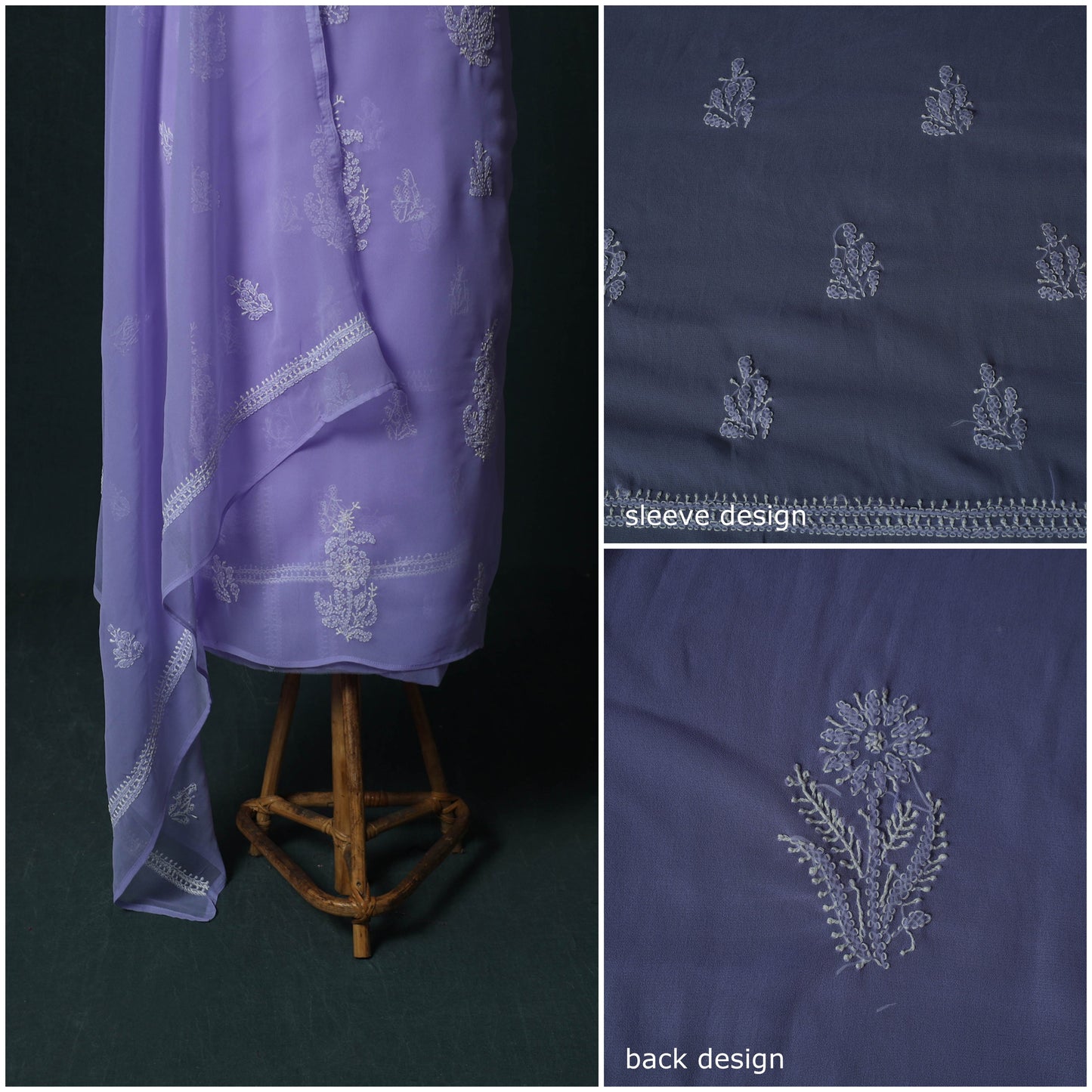 Purple - Lucknowi Chikankari Hand Embroidered Georgette 3pc Unstitched Dress Material Suit Set 47