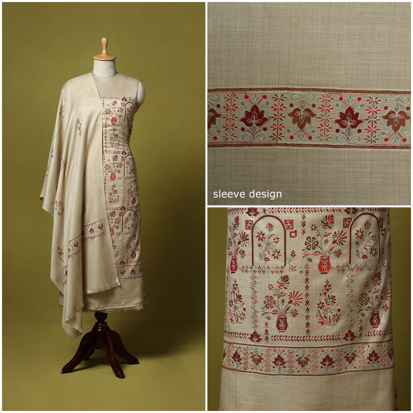 Beige - 3pc Chain Stitch Aari Embroidered Merino Wool Unstitched Dress Material 57