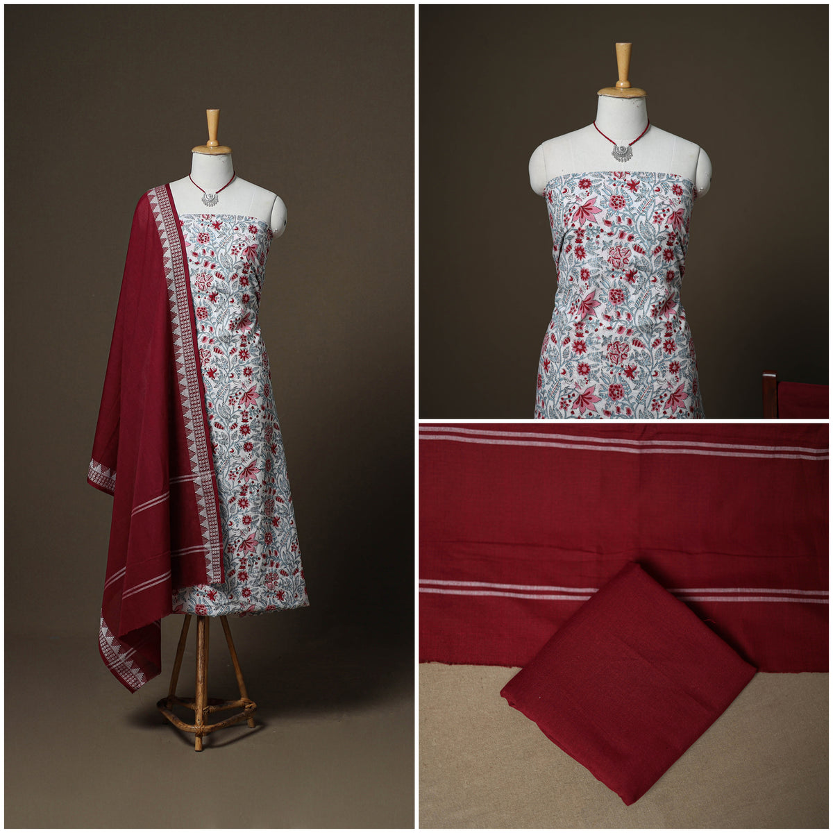 Sanganeri Block Print Cotton Unstitched Dress Material: Kurta, Bottom & Dupatta with Jewellery 48
