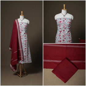 Sanganeri Block Print Cotton Unstitched Dress Material: Kurta, Bottom & Dupatta with Jewellery 48