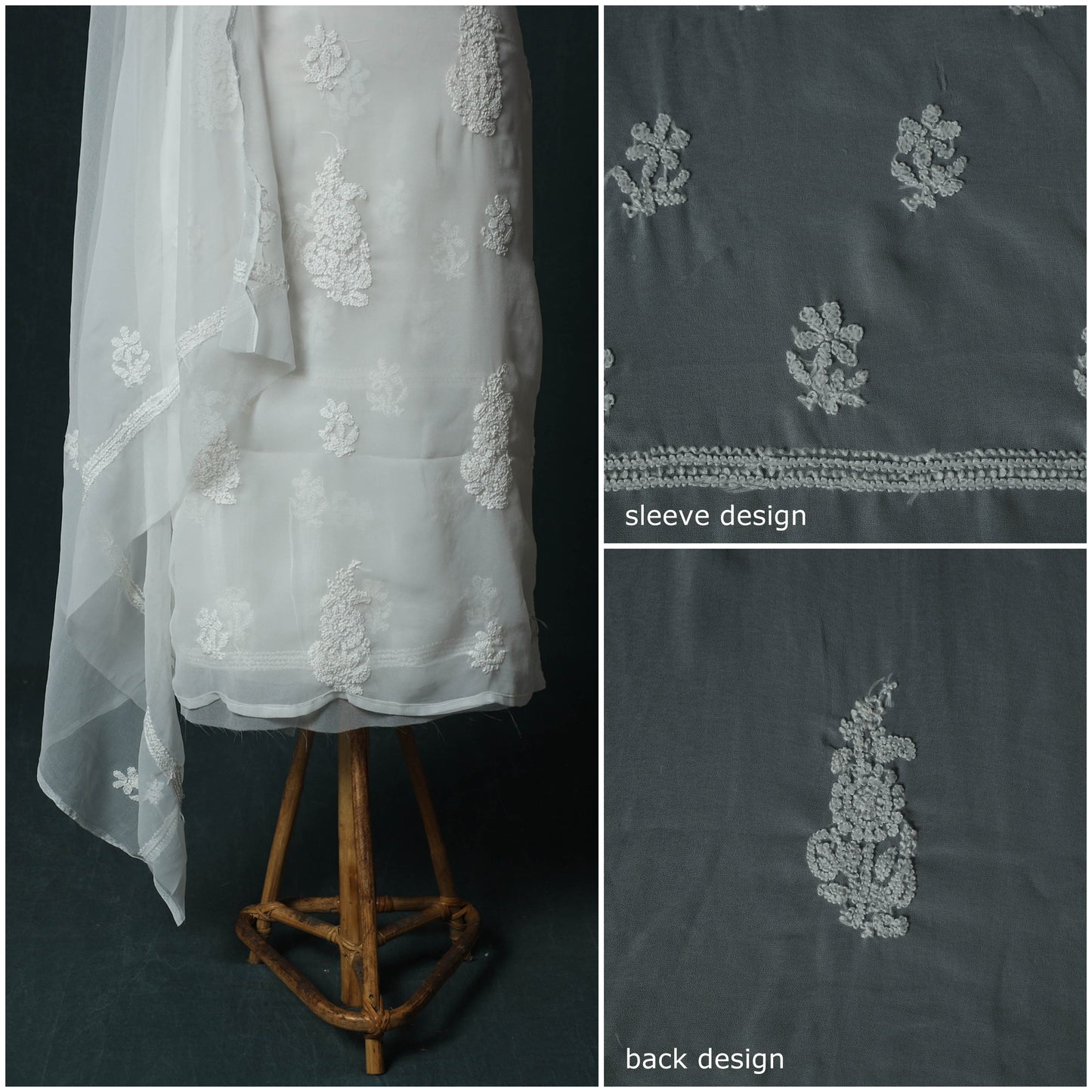 White - Lucknowi Chikankari Hand Embroidered Georgette 3pc Unstitched Dress Material Suit Set 49