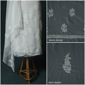 White - Lucknowi Chikankari Hand Embroidered Georgette 3pc Unstitched Dress Material Suit Set 49