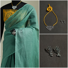 Green - Nazaakat Kota Doria Cotton Plain Saree with Blouse & Jewellery Set 77