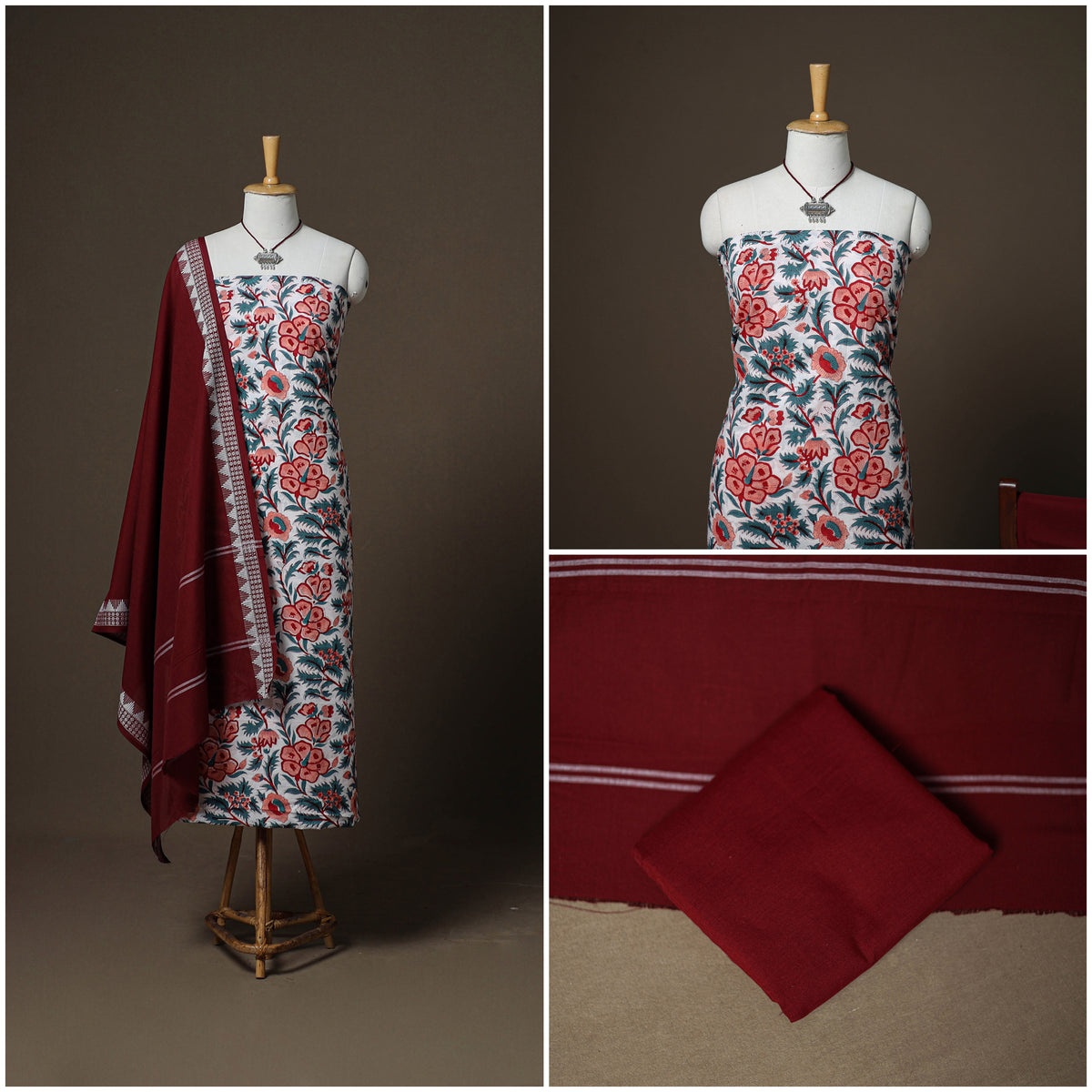 Sanganeri Block Print Cotton Unstitched Dress Material: Kurta, Bottom & Dupatta with Jewellery 49