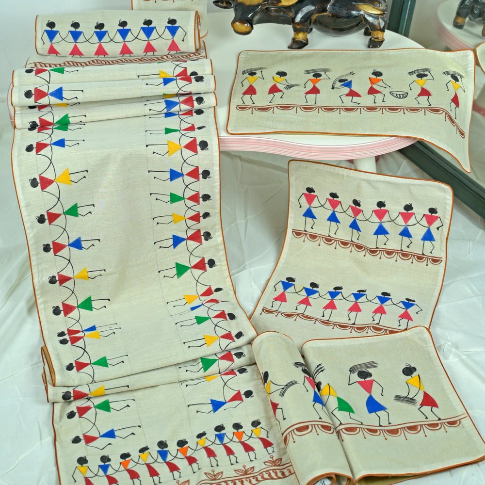 Madhubani Handpainted Chanderi Table Runner & Table Mats Set