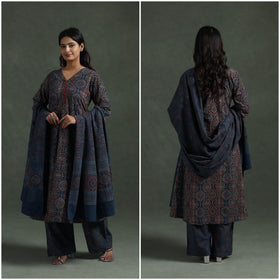 Ajrakh Hand Block Print Natural Dyed Cotton Suit Set with Dupatta for women 06