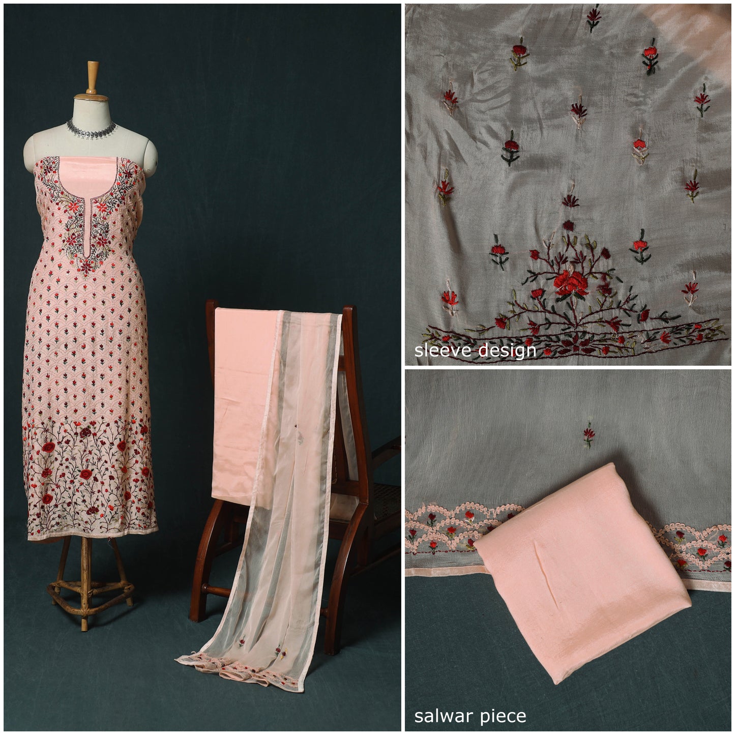 Pink - Hand Embroidered Muslin 3pc Unstitched Dress Material 11