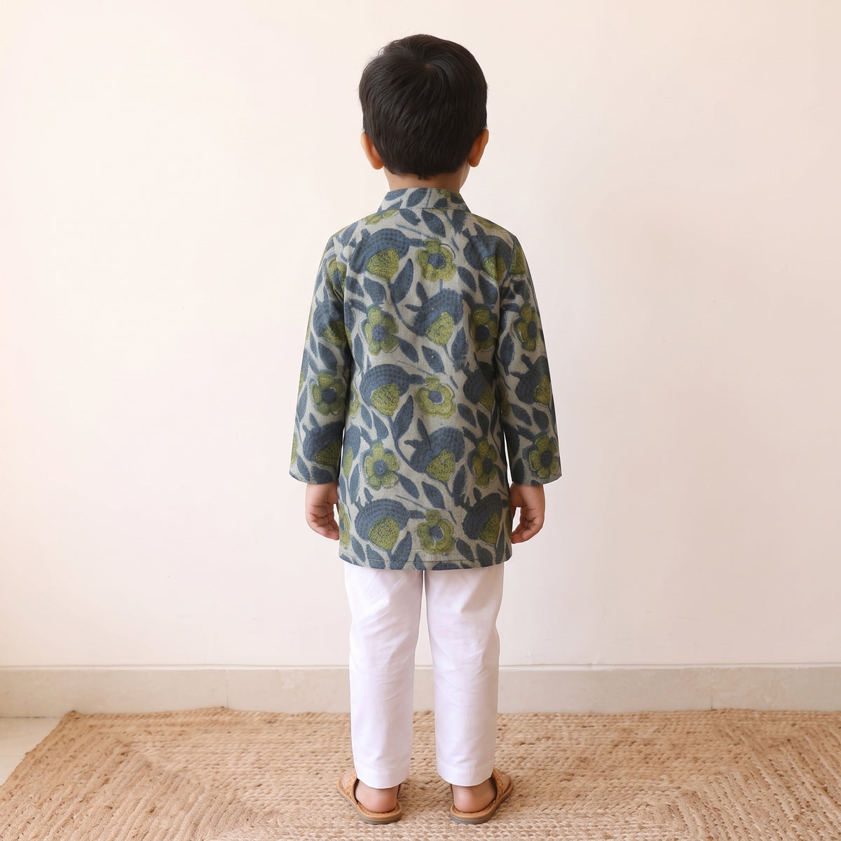 Green - kids pure cotton kurta in bagru block prints (2-3