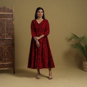 Buy Red Flared Cotton Batik Print Dress Online 