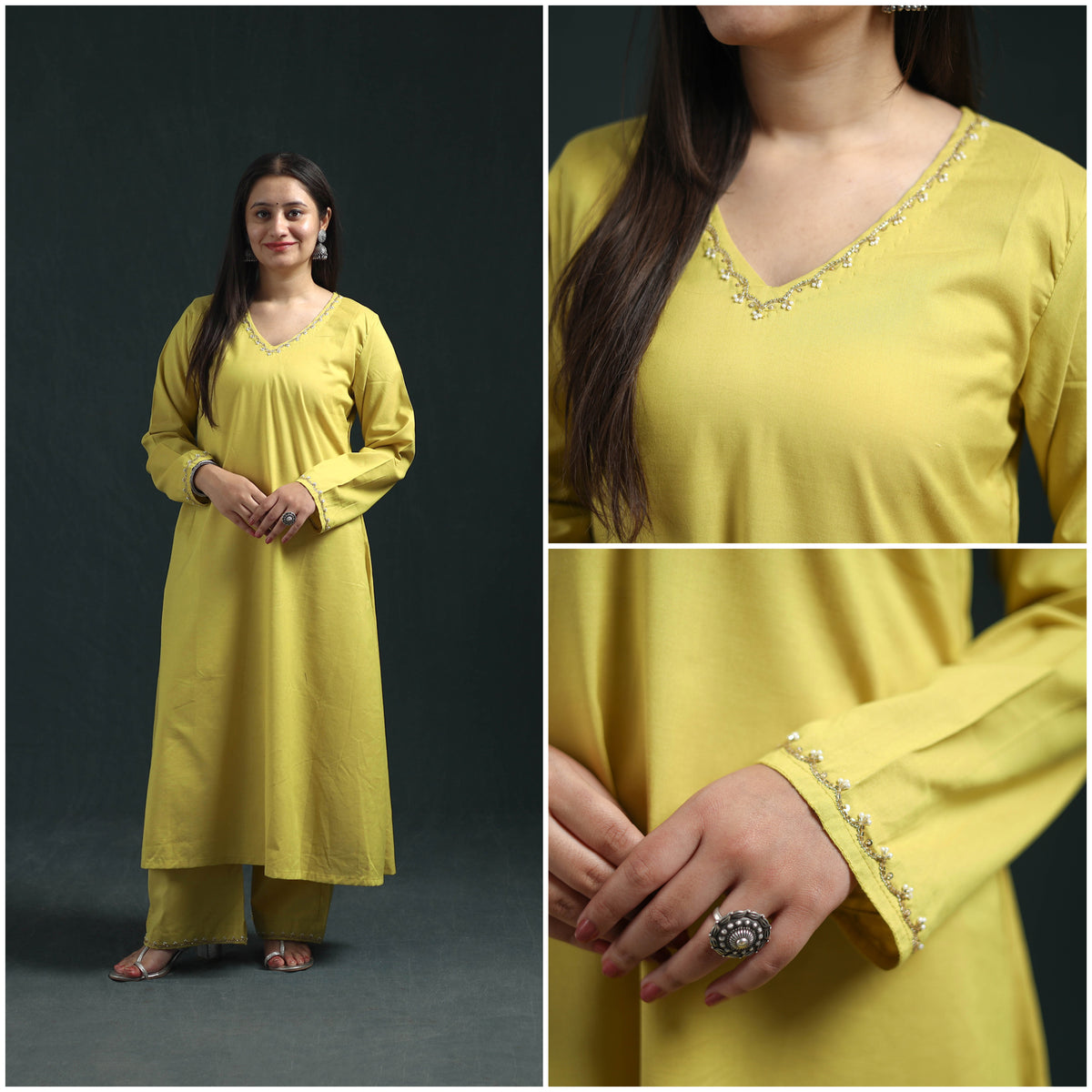 Yellow - plain banana fiber soft cotton bead work a-line kurta with palazzo set for women
