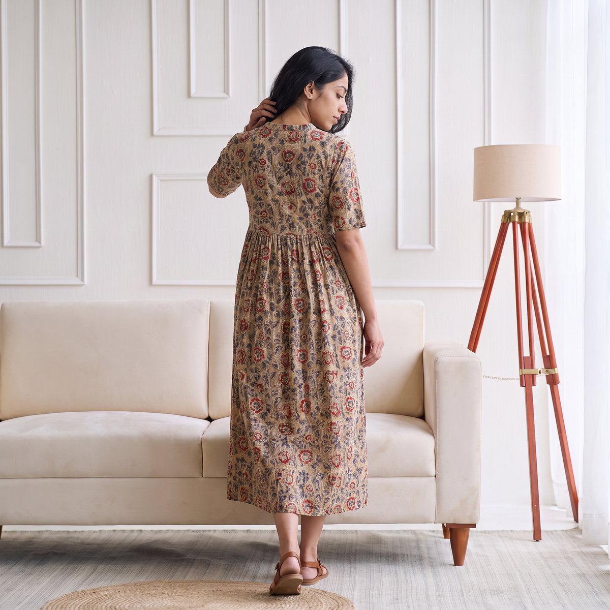 Pedana Kalamkari Hand Block Print Cotton Flared Long Dress for Women 10