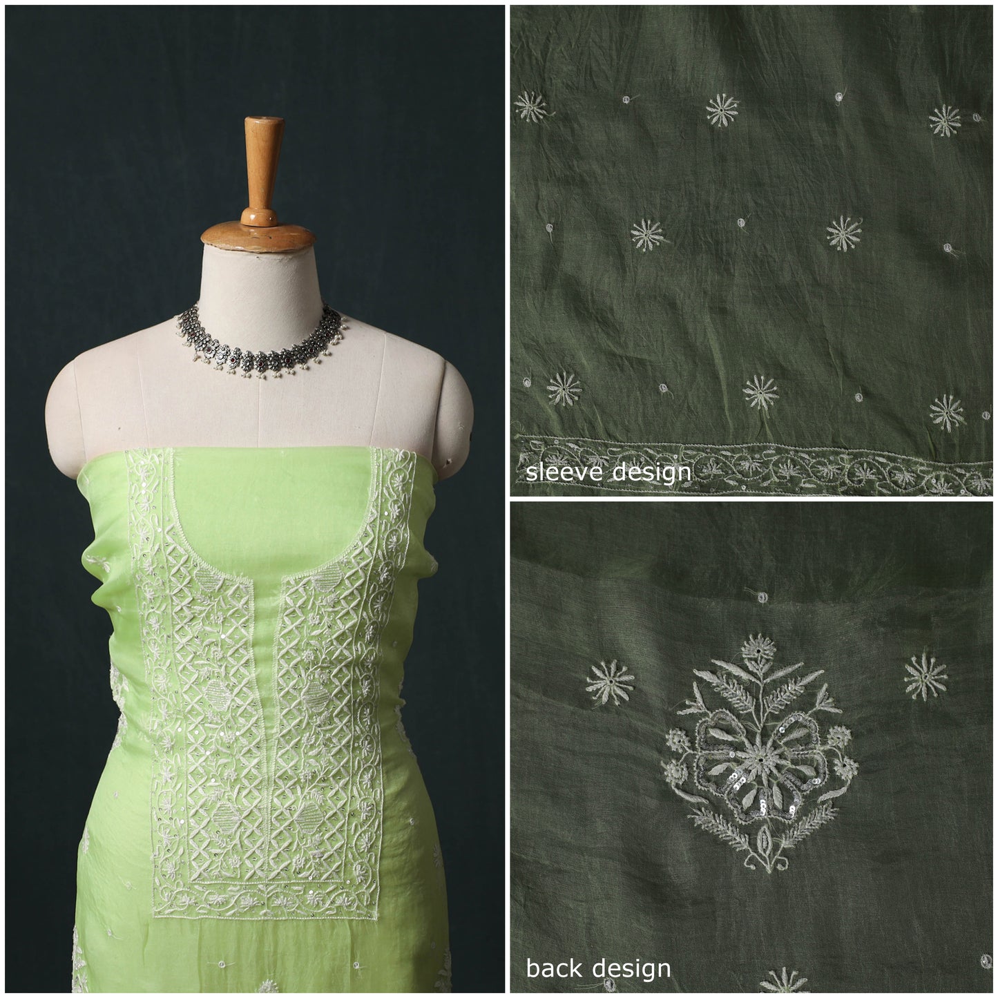 Pure Organza Silk Unstitched Heavy Hand Embroidered Beadwork 2pc Chikankari Kurta Set 04