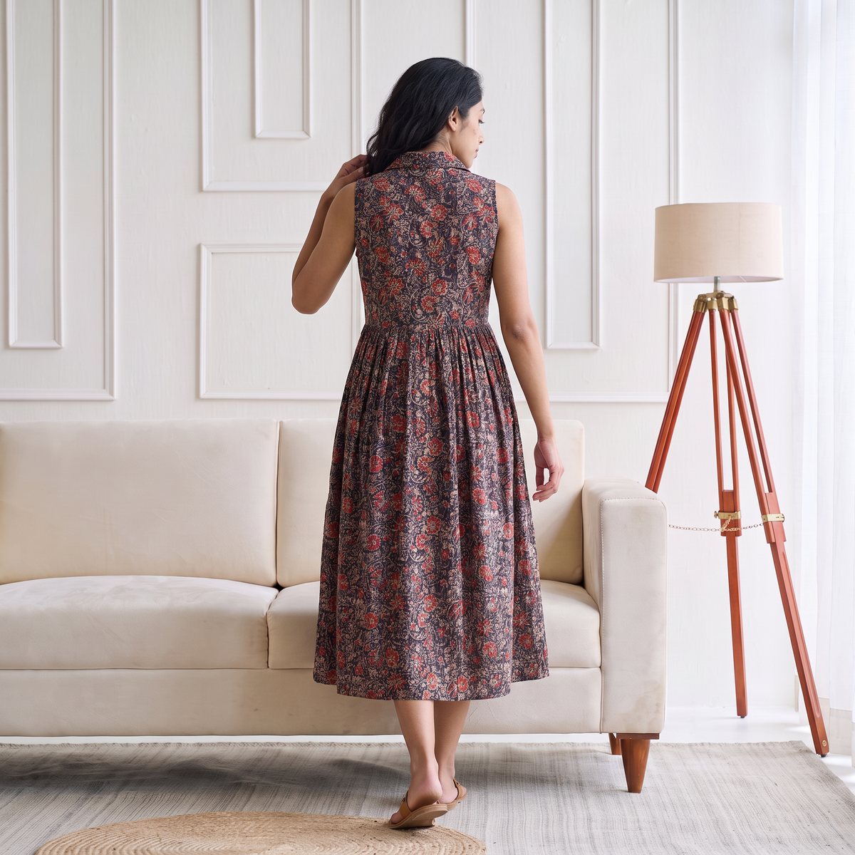 Pedana Kalamkari Hand Block Print Cotton Sleeveless Buttoned Down Long Dress for Women 16