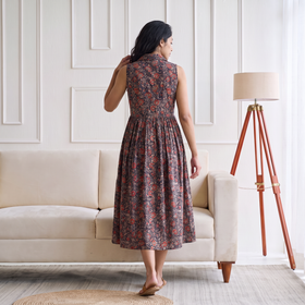 Pedana Kalamkari Hand Block Print Cotton Sleeveless Buttoned Down Long Dress for Women 16