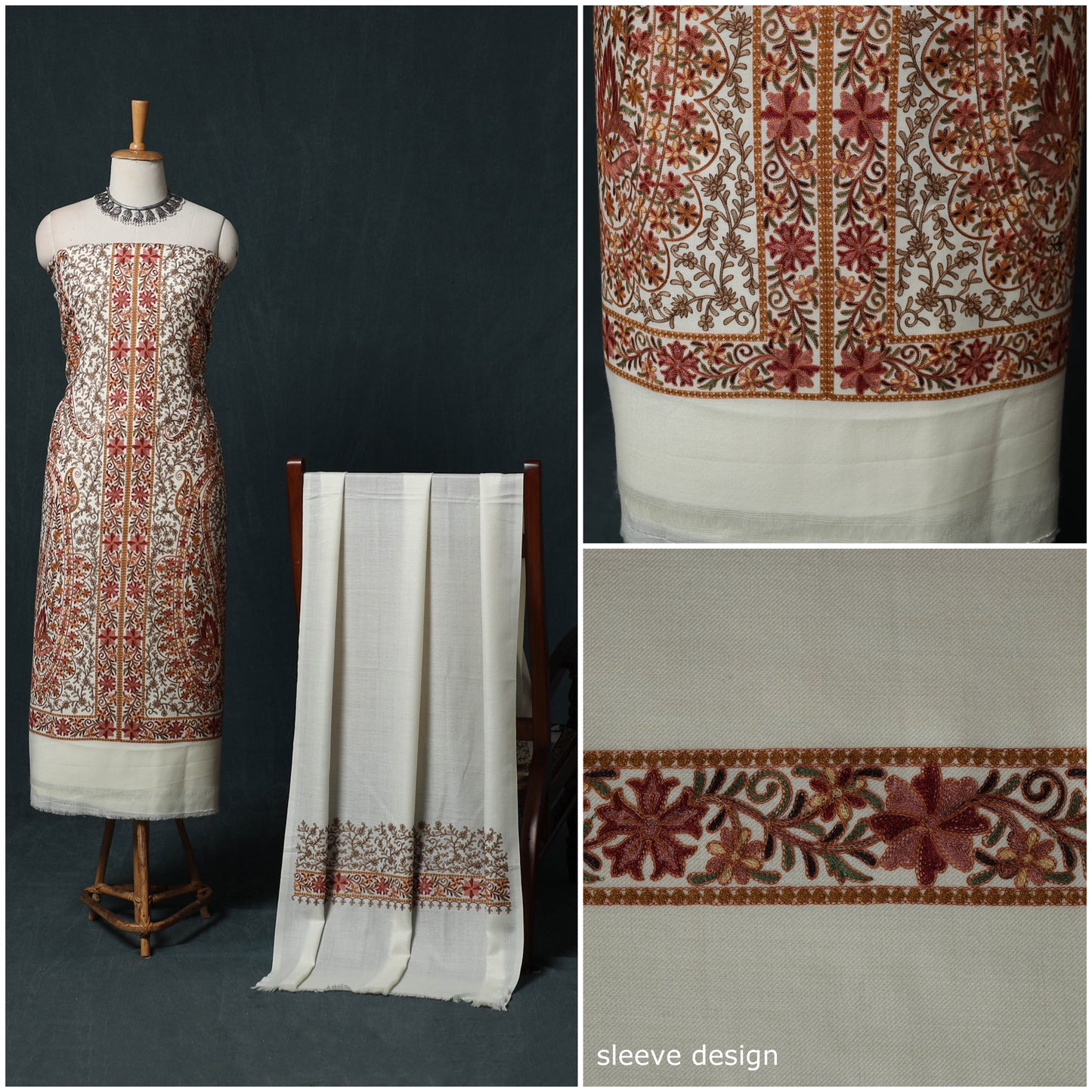 3pc Heavy Chain Stitch Embroidered Wool Unstitched Dress Material Suit Set 87