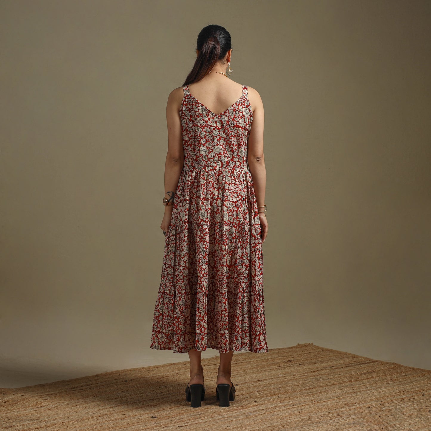 Hand Block Print Natural Dyed Cotton Tiered Bagru Dress 07