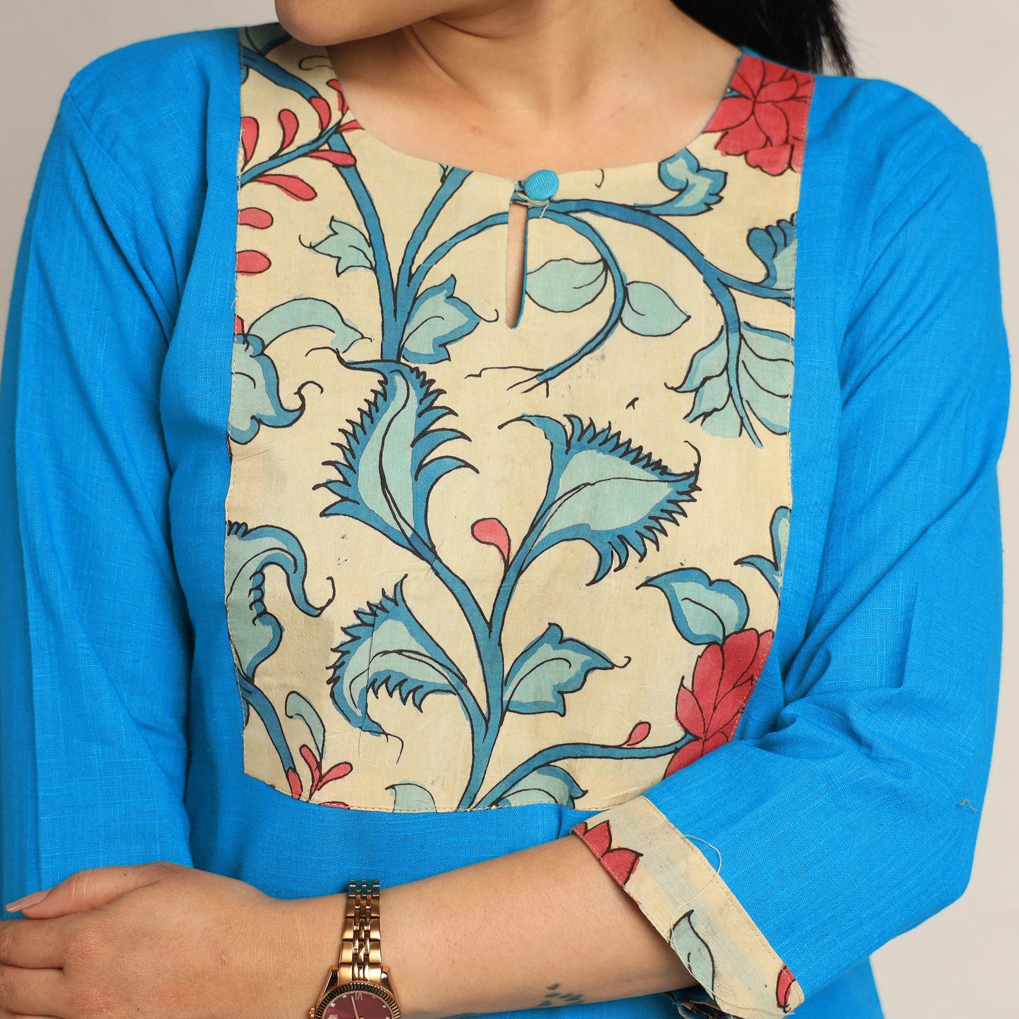 Deep Sky Blue - Srikalahasti Kalamkari Patchwork Plain Cotton Long Straight Kurta