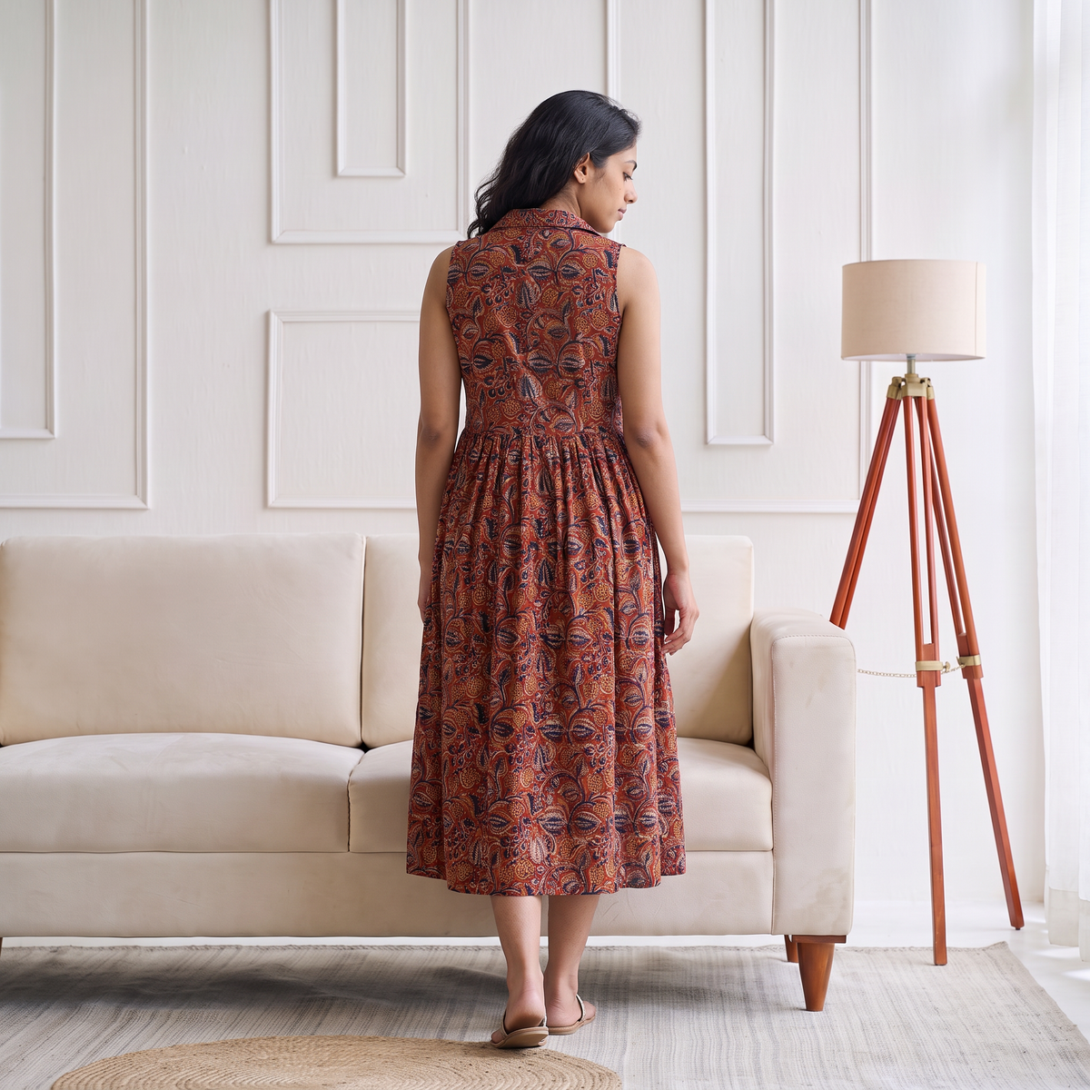 Pedana Kalamkari Hand Block Print Cotton Sleeveless Buttoned Down Long Dress for Women 18