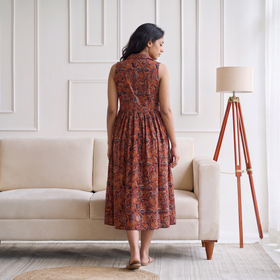 Pedana Kalamkari Hand Block Print Cotton Sleeveless Buttoned Down Long Dress for Women 18