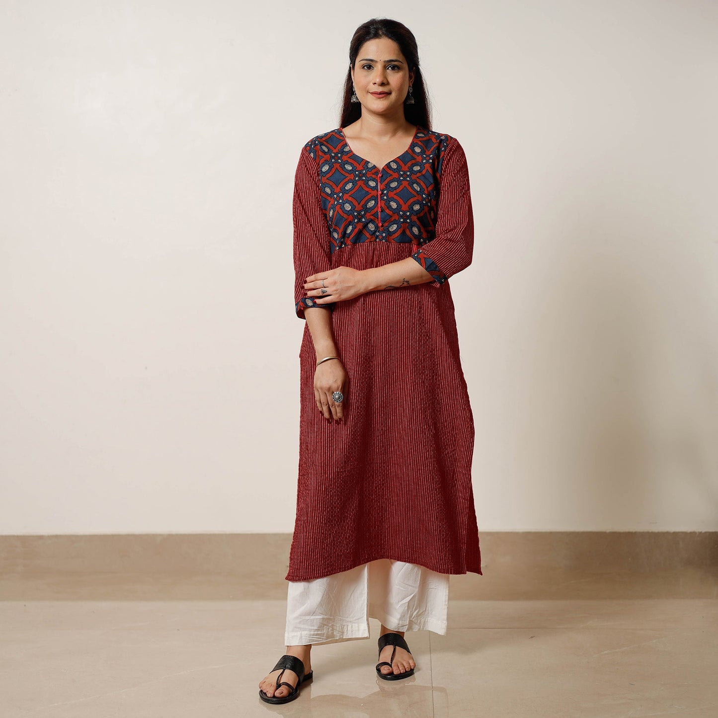 Red - Running Stitch Cotton Straight Kurta with Ajrakh Patchwork 13