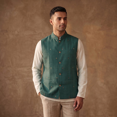 Handwoven Cotton Nehru Jacket for Men in Jamdani Buti of Srikakulam 03