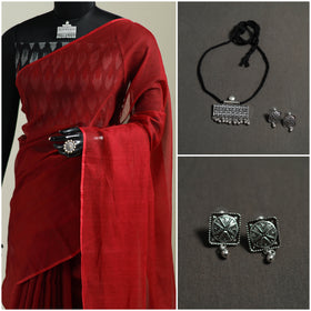 Red - Nazaakat Kota Doria Cotton Plain Saree with Blouse & Jewellery Set 97