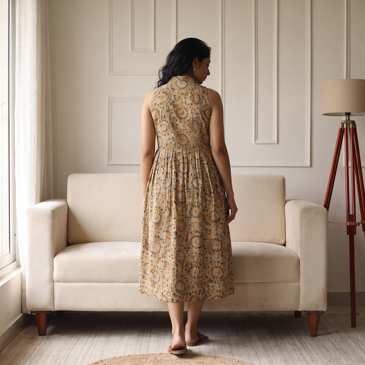 Pedana Kalamkari Hand Block Print Cotton Sleeveless Buttoned Down Long Dress for Women 20