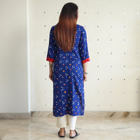 Blue - Bandhani Tie-dye Cotton Long Straight Kurta 09