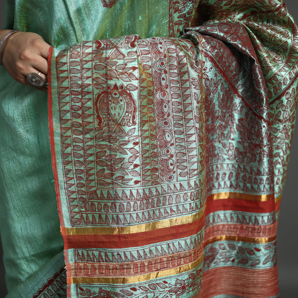 Green - Traditional Madhubani Handpainted Tussar Ghicha Silk Saree 03