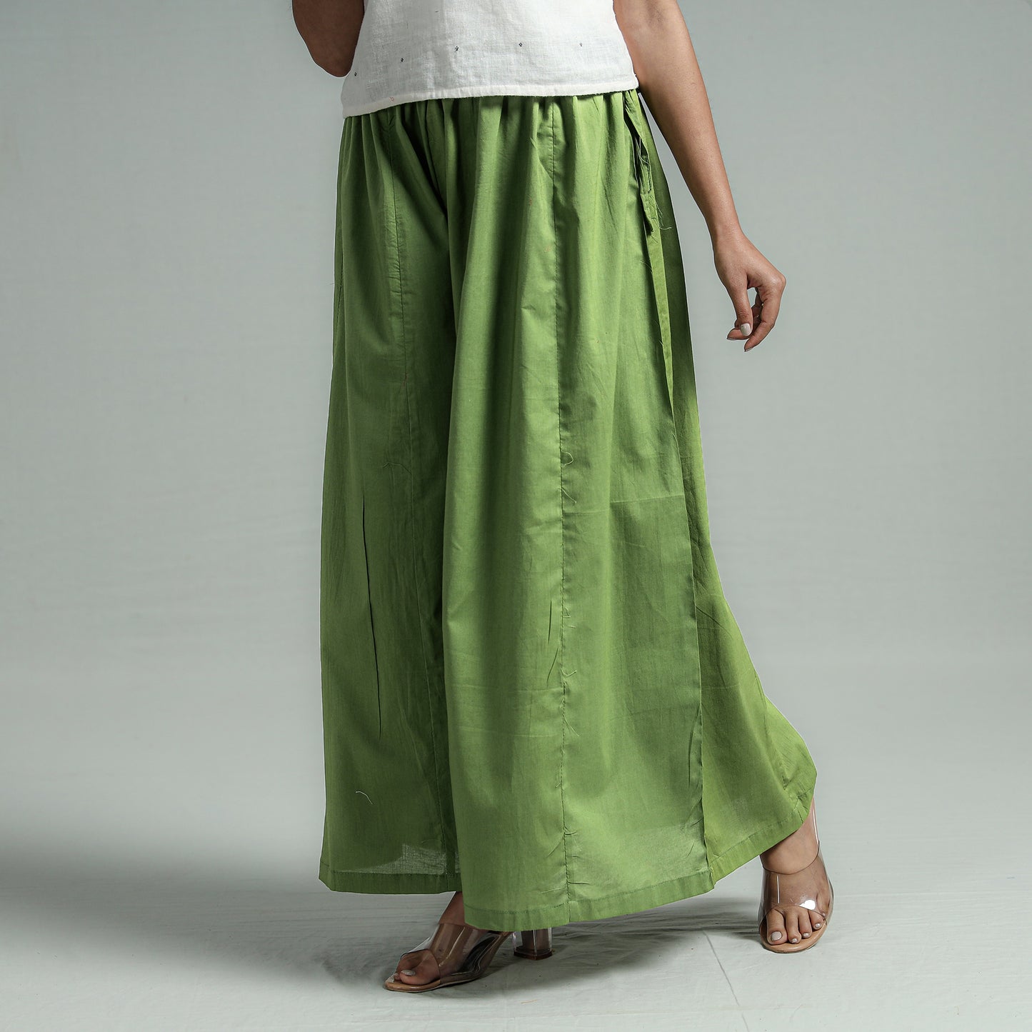 Green - Plain Dyed Cotton Flared Palazzo