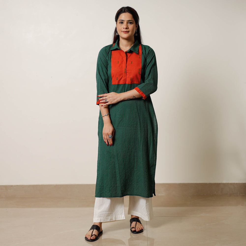 Green - Running Stitch Cotton Straight Kurta with Jacquard Patchwork 04