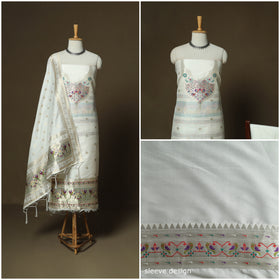 White - Bangalore Silk Paithani Weave 3pc Unstitched Dress Material Suit Set 04