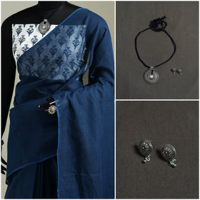 Blue - Nazaakat Kota Doria Cotton Plain Saree with Blouse & Jewellery Set 32