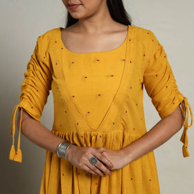 Buy Tiered Fit & Flare Cotton Yellow Jacquard Dress Online