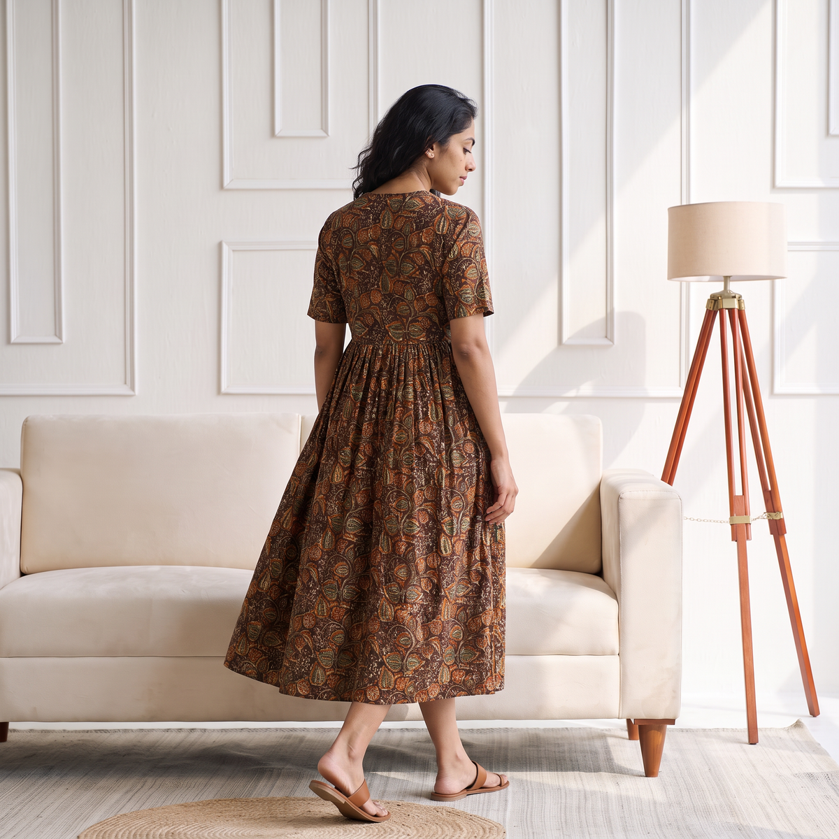 Pedana Kalamkari Hand Block Print Cotton Flared Long Dress for Women 07