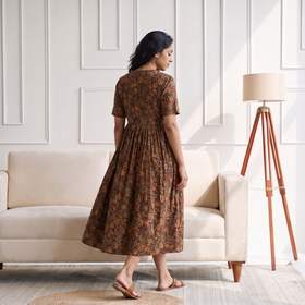 Pedana Kalamkari Hand Block Print Cotton Flared Long Dress for Women 07