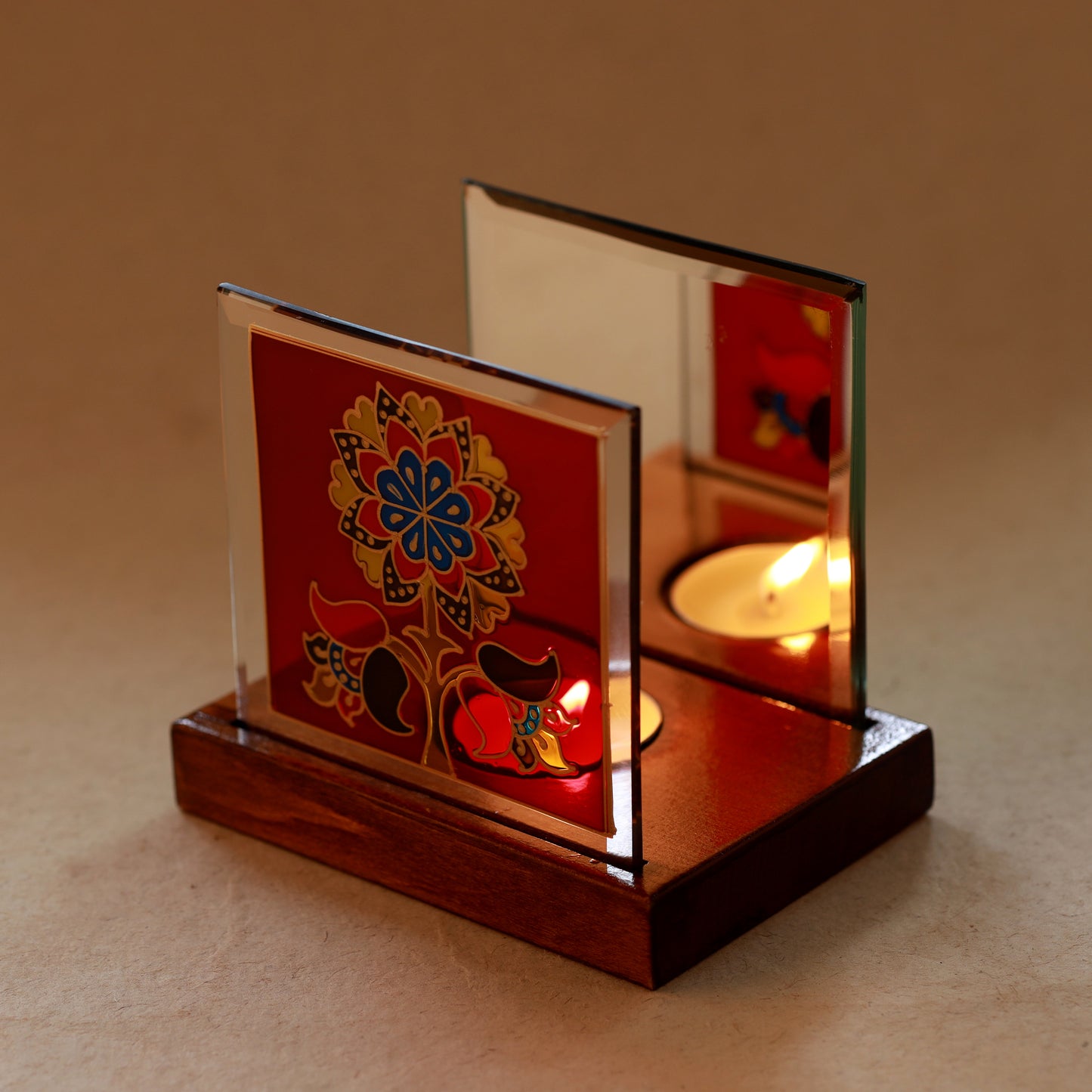 Tejomay - Hand-painted Glass Kalamkari T Light Holder