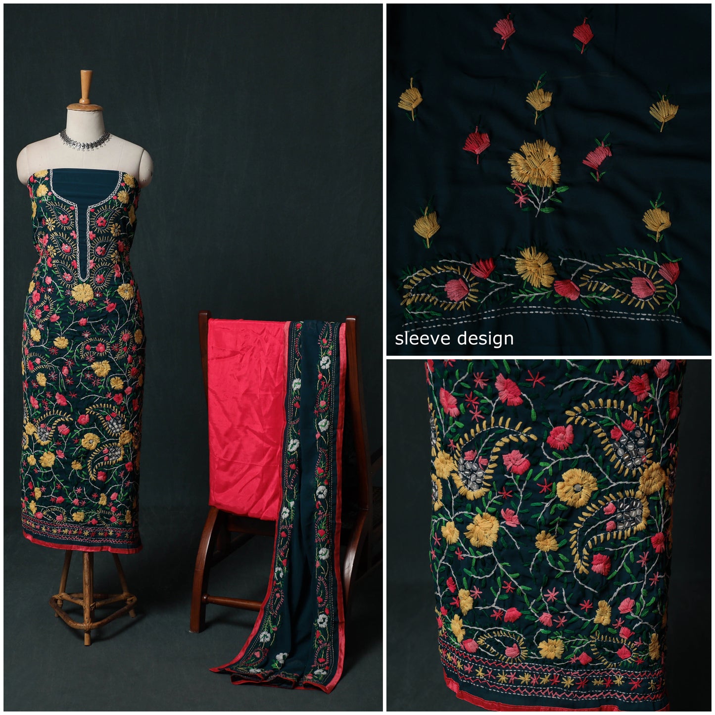 Hand Embroidered Georgette 3pc Unstitched Dress Material Suit Set 04