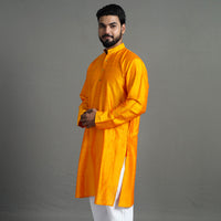 Light Orange - Plain Dyed Slub Silk Men Long Kurta