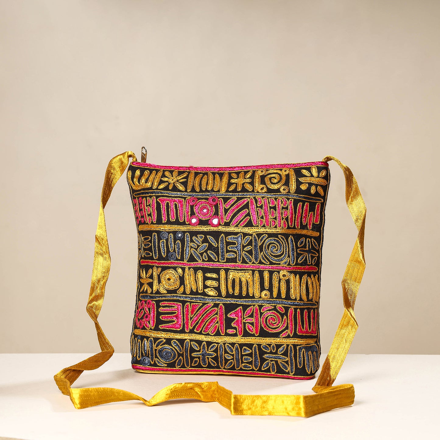 Yellow - kutch ahir embroidery mashru cotton sling bag