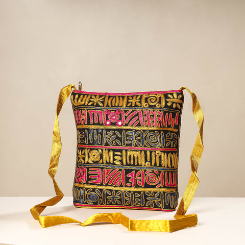 Yellow - kutch ahir embroidery mashru cotton sling bag
