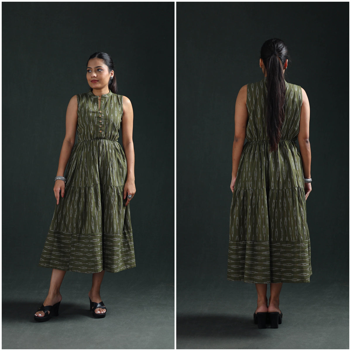 Pochampally Ikat Cotton Sleeveless Tiered Long Dress for Women 09