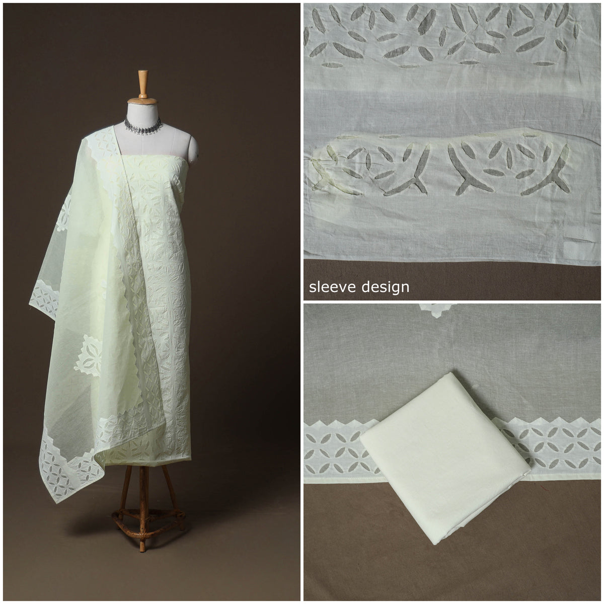 Applique Cutwork Cotton Unstitched Dress Material: Kurta, Bottom & Dupatta 04