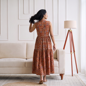 Pedana Kalamkari Hand Block Print Cotton Sleeveless Tiered Long Dress for Women 22
