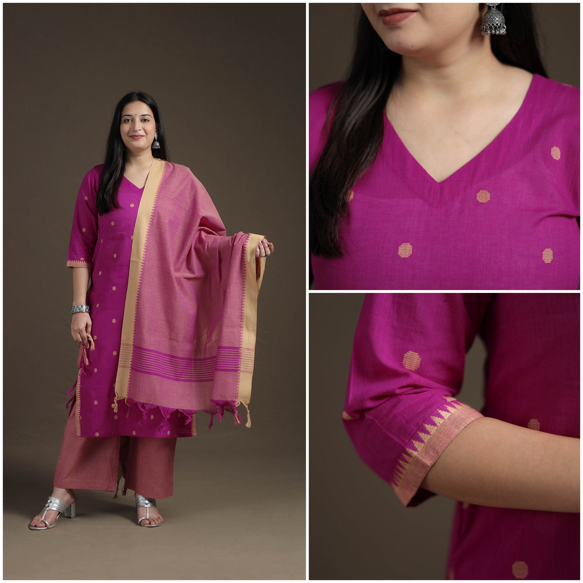 Jacquard Woven Cotton Straight Kurta with Palazzo & Dupatta Suit Set for Women 01