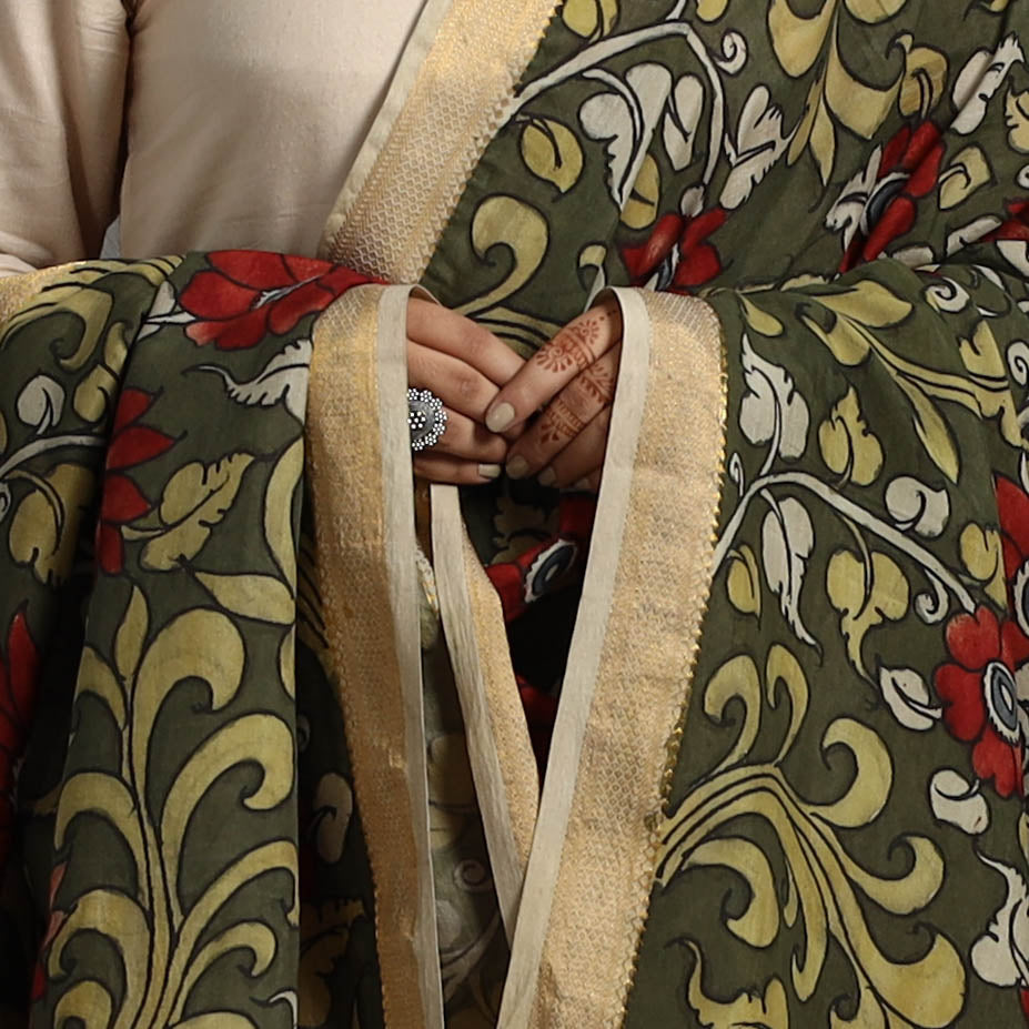 Green - Chanderi Silk Srikalahasti Handpainted Pen Kalamkari Dupatta 13