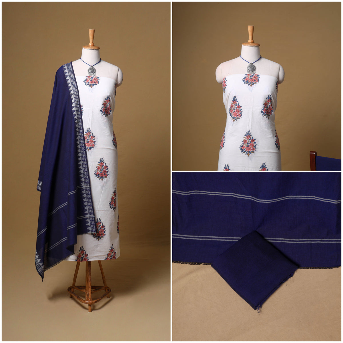 Floral Sanganeri Block Print Cotton Unstitched Dress Material: Kurta, Bottom & Dupatta with Jewellery 03