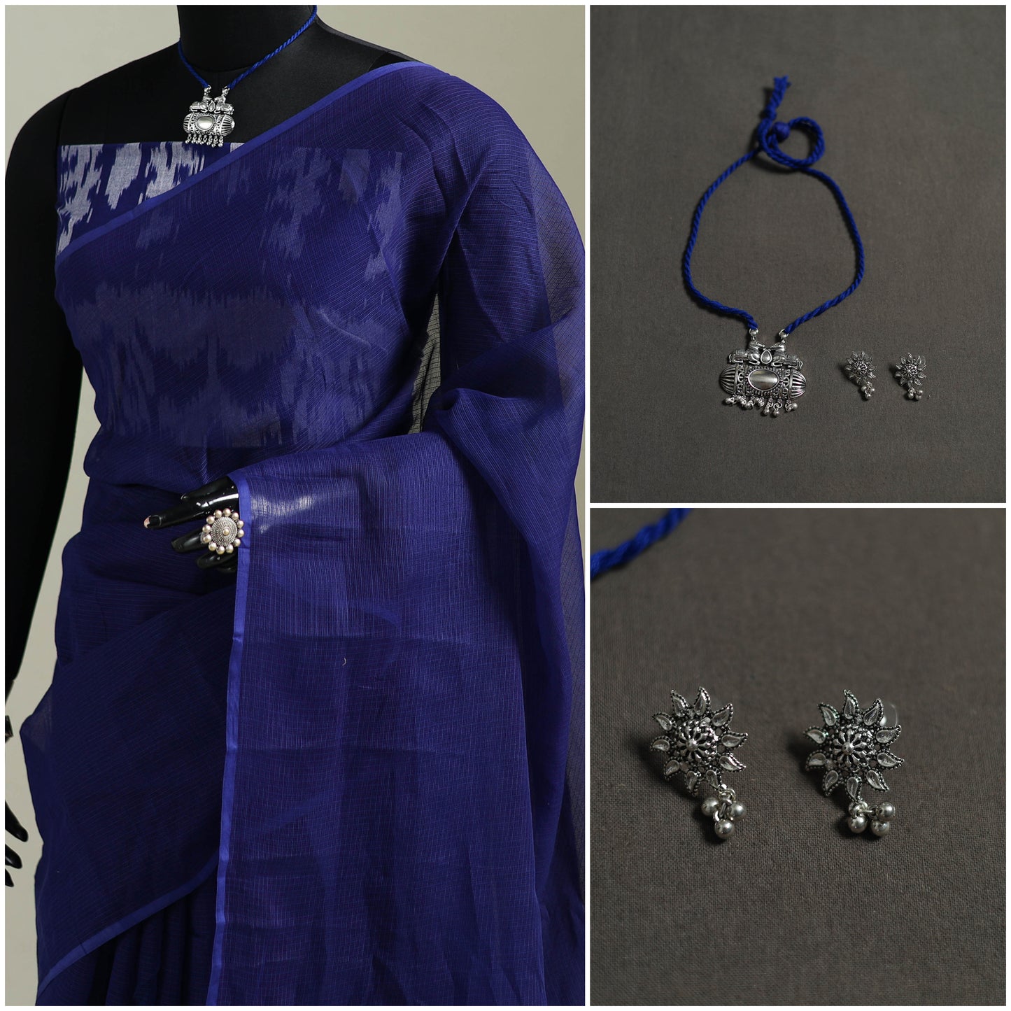 Blue - Nazaakat Kota Doria Cotton Plain Saree with Blouse & Jewellery Set 138